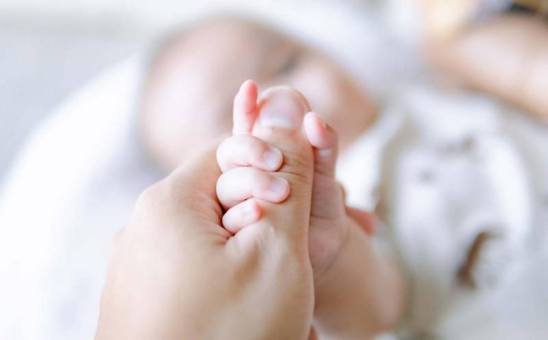 Parent holding a babies small hand